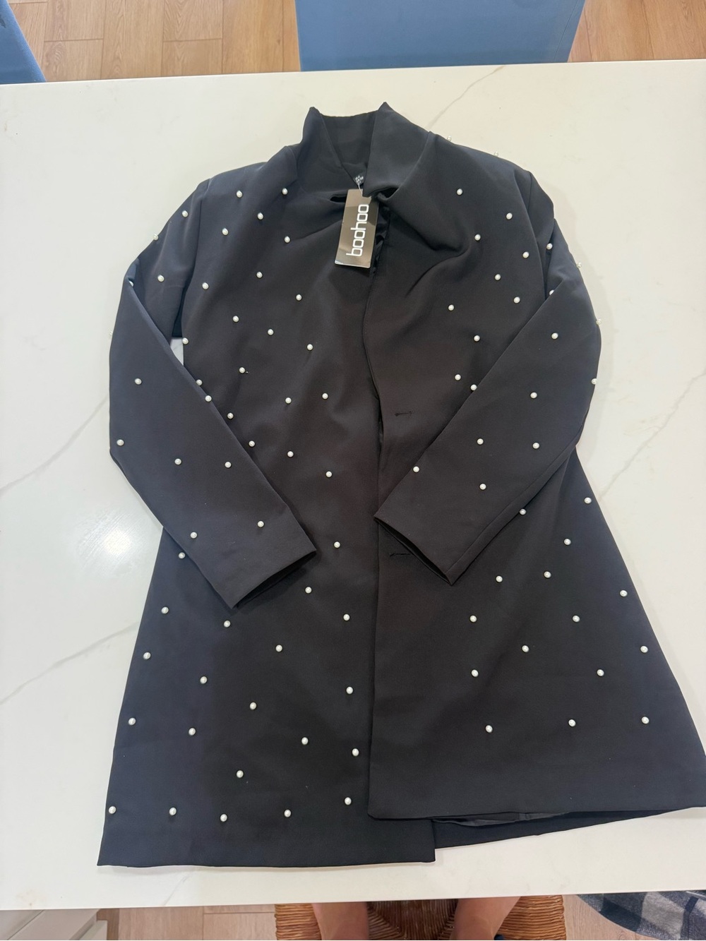 Boohoo Black Pearl-Studded Trench Coat